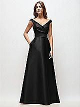 Front View Thumbnail - Black Off-the-Shoulder Draped Wrap Satin Maxi Dress