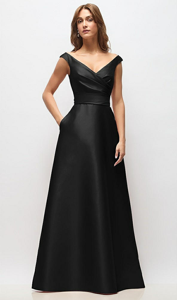Front View - Black Off-the-Shoulder Draped Wrap Satin Maxi Dress
