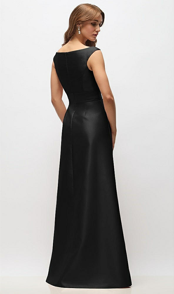 Back View - Black Off-the-Shoulder Draped Wrap Satin Maxi Dress