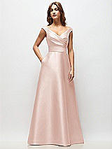 Front View Thumbnail - Blush Off-the-Shoulder Draped Wrap Satin Maxi Dress