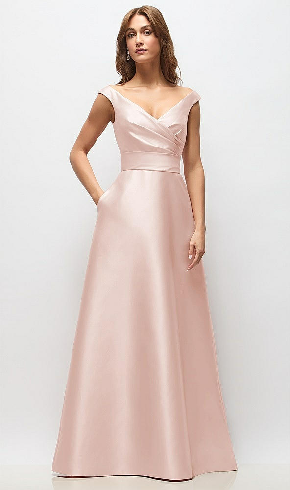 Front View - Blush Off-the-Shoulder Draped Wrap Satin Maxi Dress