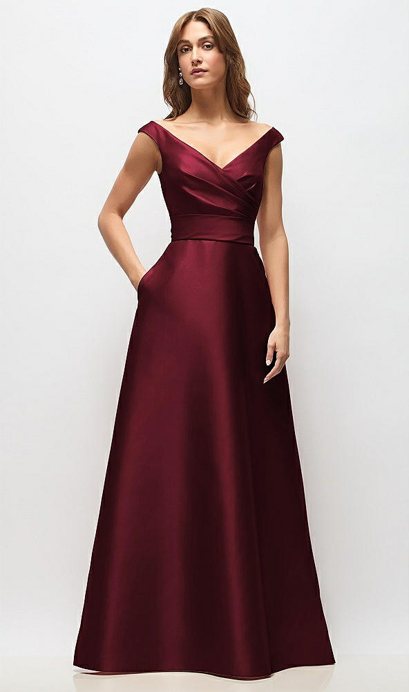 Front View - Cabernet Off-the-Shoulder Draped Wrap Satin Maxi Dress