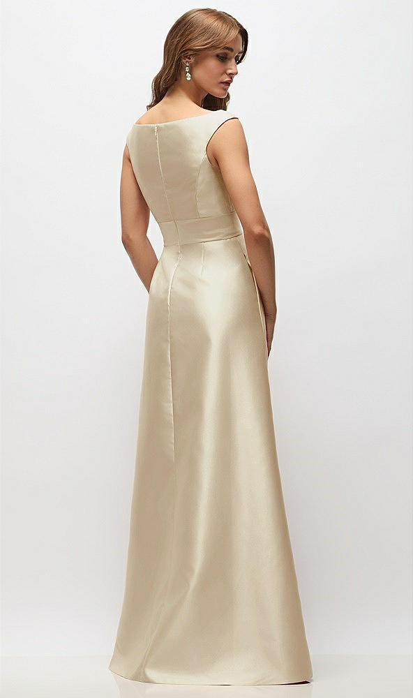 Back View - Champagne Off-the-Shoulder Draped Wrap Satin Maxi Dress