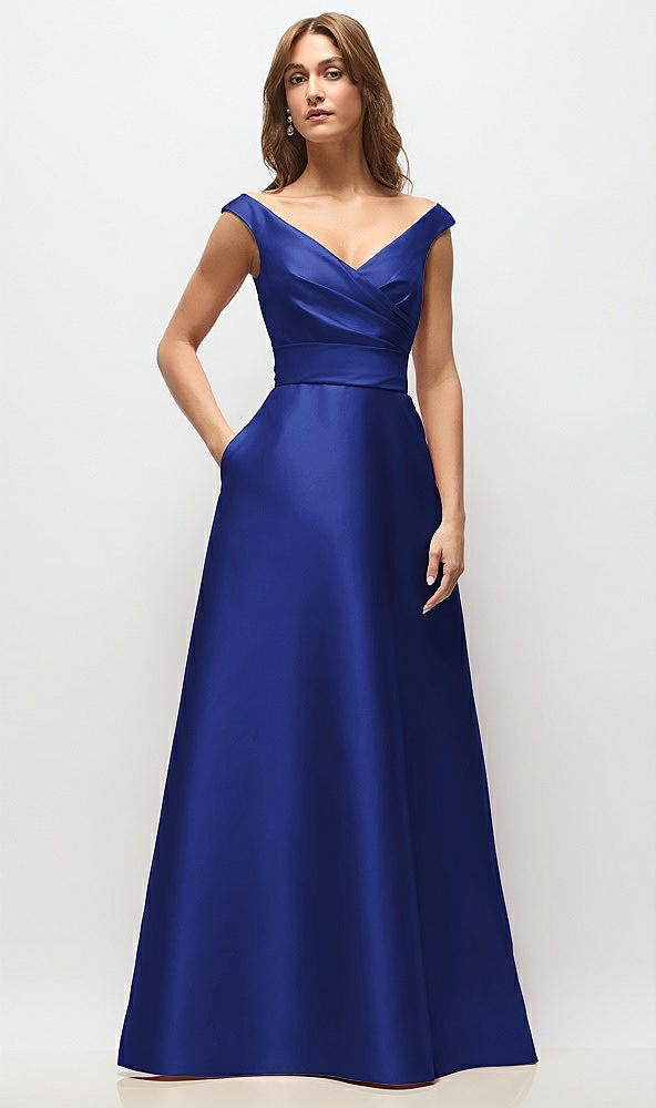 Front View - Cobalt Blue Off-the-Shoulder Draped Wrap Satin Maxi Dress