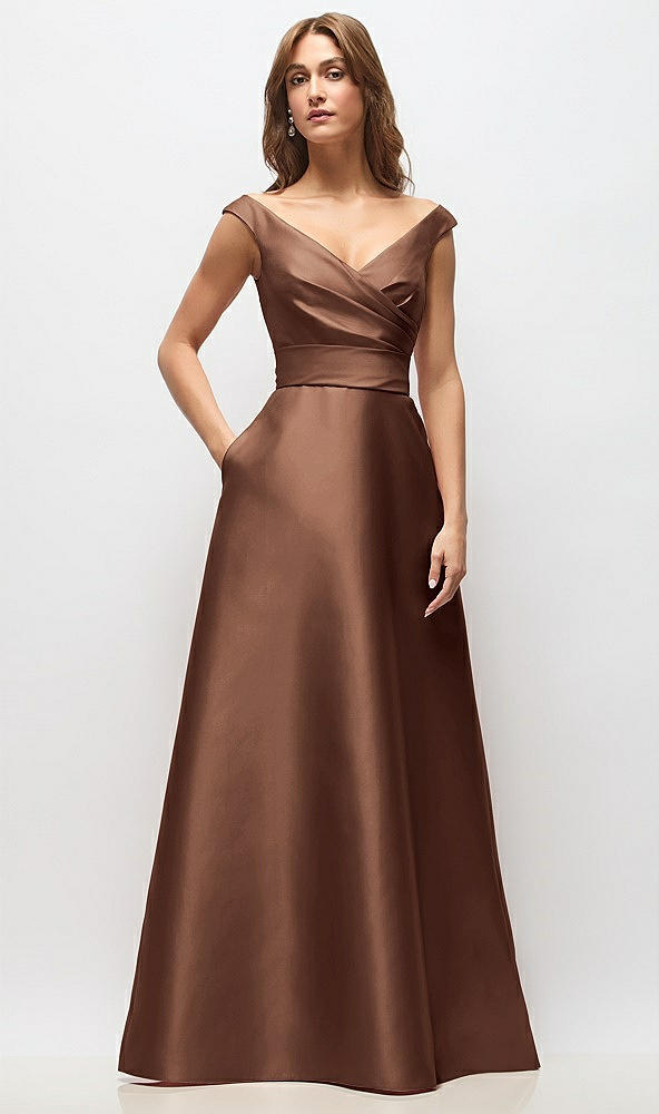 Front View - Cognac Off-the-Shoulder Draped Wrap Satin Maxi Dress