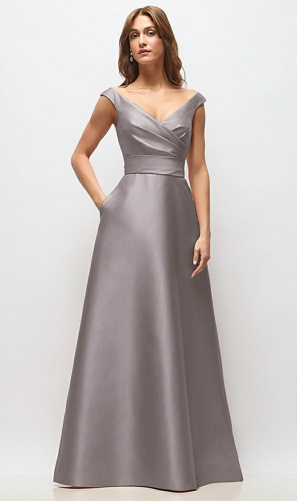 Front View - Cashmere Gray Off-the-Shoulder Draped Wrap Satin Maxi Dress