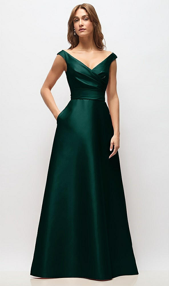 Front View - Evergreen Off-the-Shoulder Draped Wrap Satin Maxi Dress