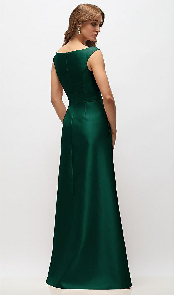 Back View - Hunter Green Off-the-Shoulder Draped Wrap Satin Maxi Dress