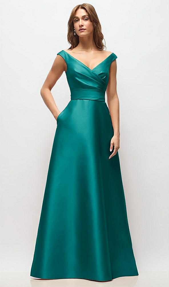Front View - Jade Off-the-Shoulder Draped Wrap Satin Maxi Dress