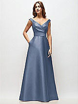 Front View Thumbnail - Larkspur Blue Off-the-Shoulder Draped Wrap Satin Maxi Dress
