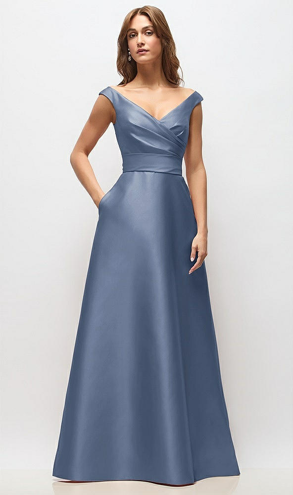 Front View - Larkspur Blue Off-the-Shoulder Draped Wrap Satin Maxi Dress
