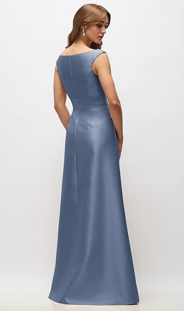 Back View - Larkspur Blue Off-the-Shoulder Draped Wrap Satin Maxi Dress
