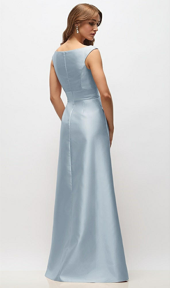 Back View - Mist Off-the-Shoulder Draped Wrap Satin Maxi Dress