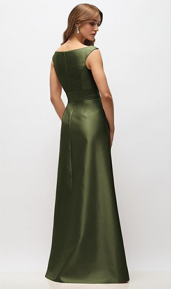 Back View - Olive Green Off-the-Shoulder Draped Wrap Satin Maxi Dress