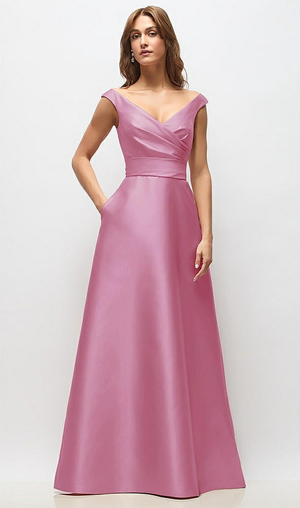 Front View - Powder Pink Off-the-Shoulder Draped Wrap Satin Maxi Dress