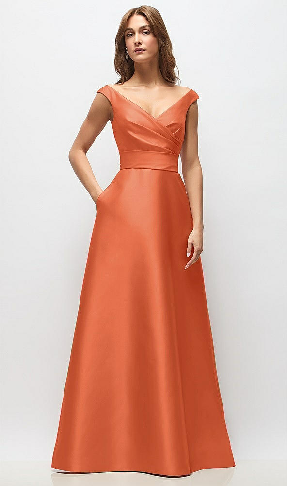 Front View - Portofino Orange Off-the-Shoulder Draped Wrap Satin Maxi Dress