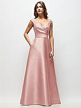 Front View Thumbnail - Rose Off-the-Shoulder Draped Wrap Satin Maxi Dress