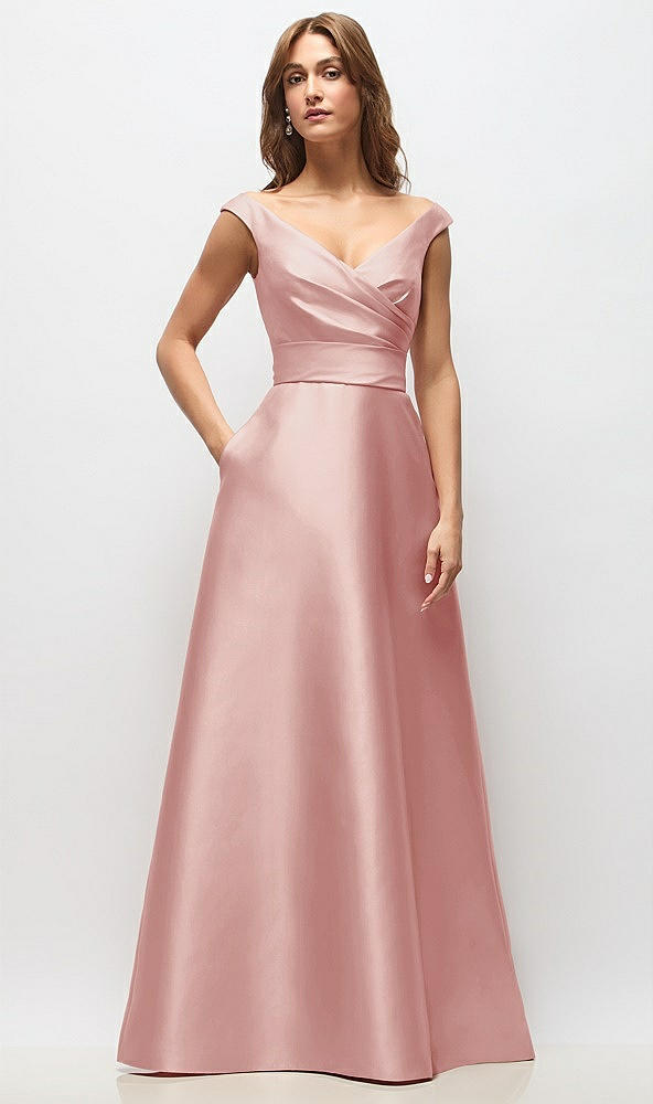 Front View - Rose Off-the-Shoulder Draped Wrap Satin Maxi Dress