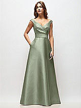 Front View Thumbnail - Sage Off-the-Shoulder Draped Wrap Satin Maxi Dress