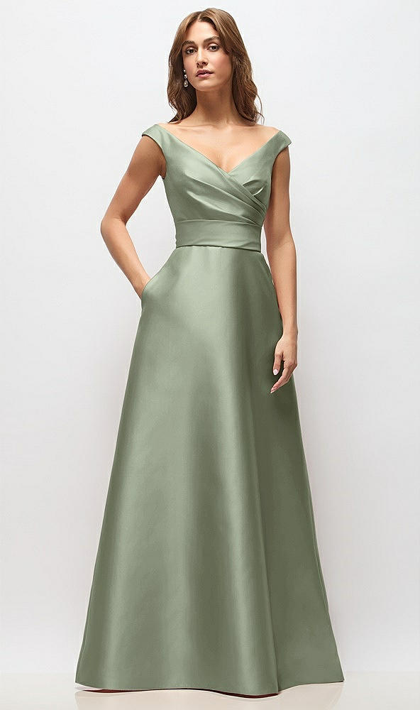 Front View - Sage Off-the-Shoulder Draped Wrap Satin Maxi Dress