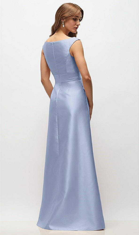 Back View - Sky Blue Off-the-Shoulder Draped Wrap Satin Maxi Dress