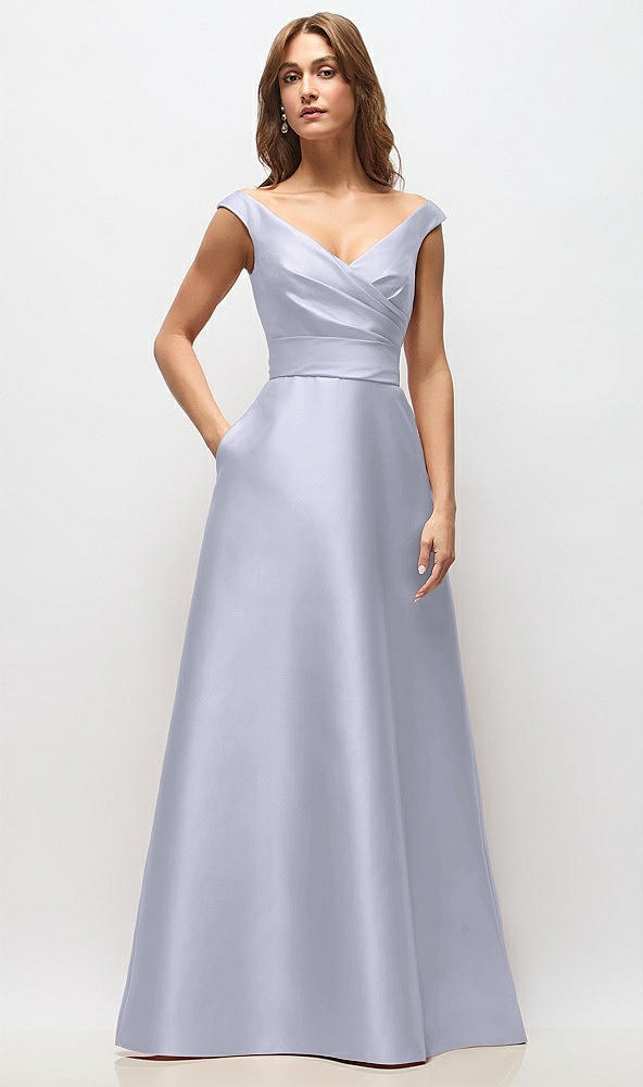 Front View - Silver Dove Off-the-Shoulder Draped Wrap Satin Maxi Dress