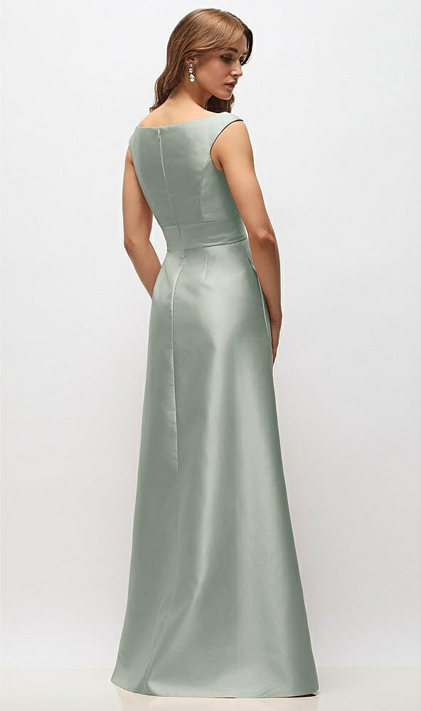 Back View - Willow Green Off-the-Shoulder Draped Wrap Satin Maxi Dress