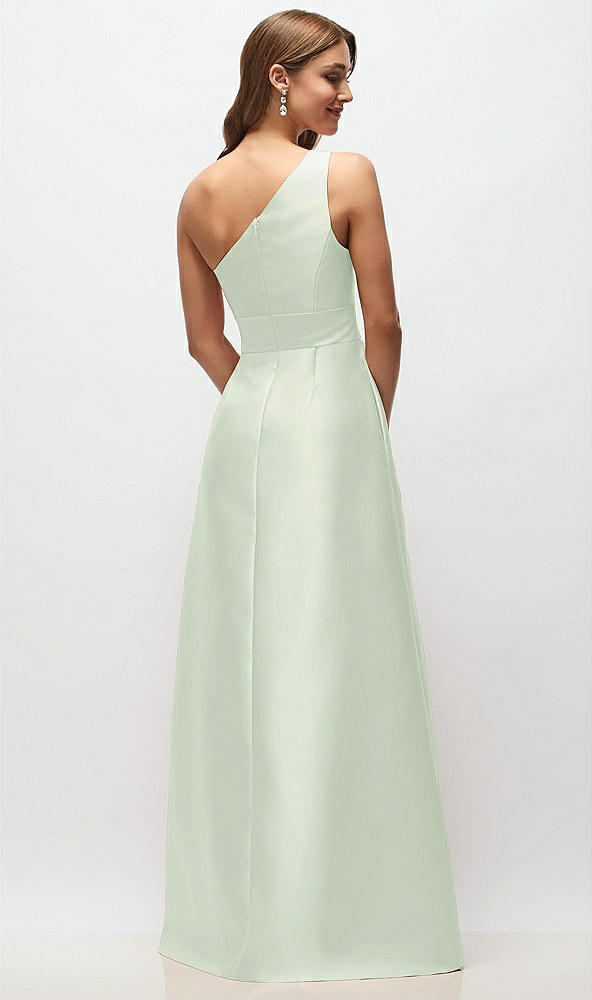 Back View - Mint Green Draped One-Shoulder Satin Maxi Dress with Pockets