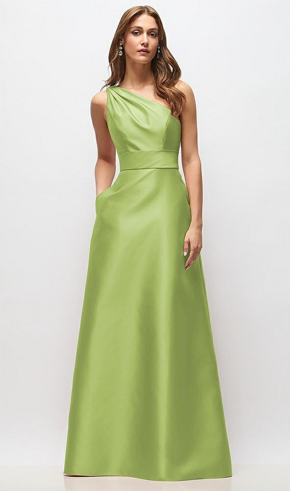 Front View - Mojito Draped One-Shoulder Satin Maxi Dress with Pockets