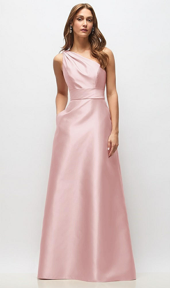 Front View - Ballet Pink Draped One-Shoulder Satin Maxi Dress with Pockets