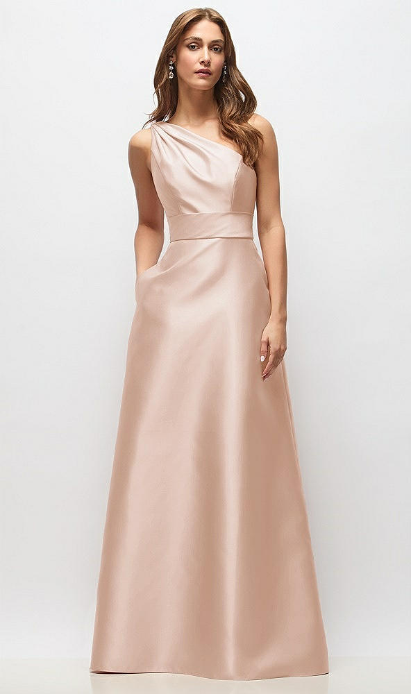 Front View - Cameo Draped One-Shoulder Satin Maxi Dress with Pockets