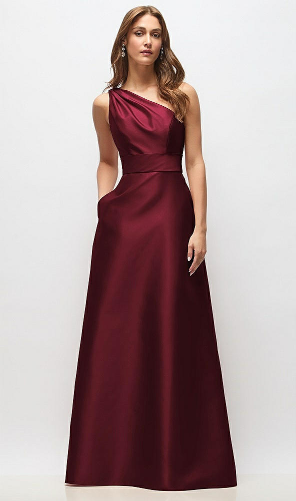 Front View - Cabernet Draped One-Shoulder Satin Maxi Dress with Pockets