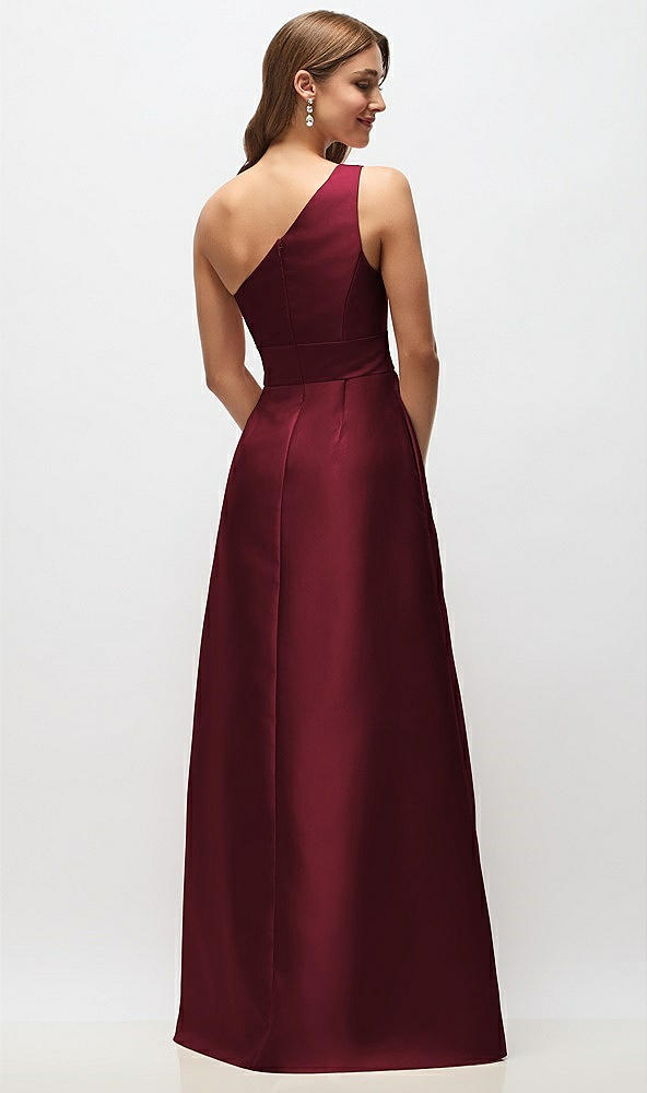 Back View - Cabernet Draped One-Shoulder Satin Maxi Dress with Pockets