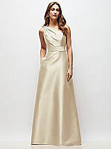 Front View Thumbnail - Champagne Draped One-Shoulder Satin Maxi Dress with Pockets
