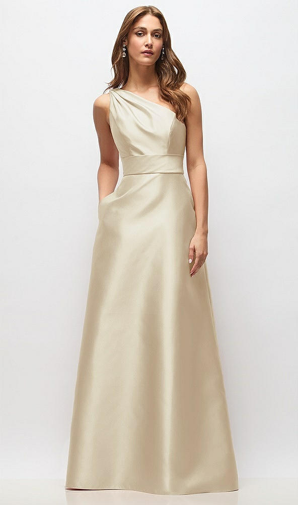 Front View - Champagne Draped One-Shoulder Satin Maxi Dress with Pockets