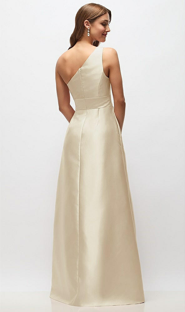 Back View - Champagne Draped One-Shoulder Satin Maxi Dress with Pockets