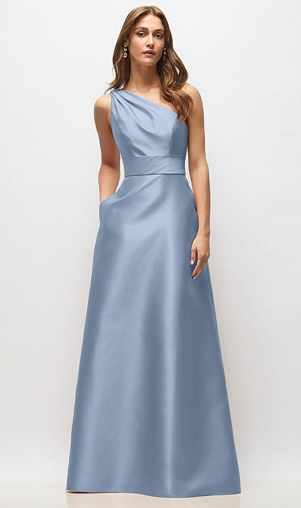 Front View - Cloudy Draped One-Shoulder Satin Maxi Dress with Pockets