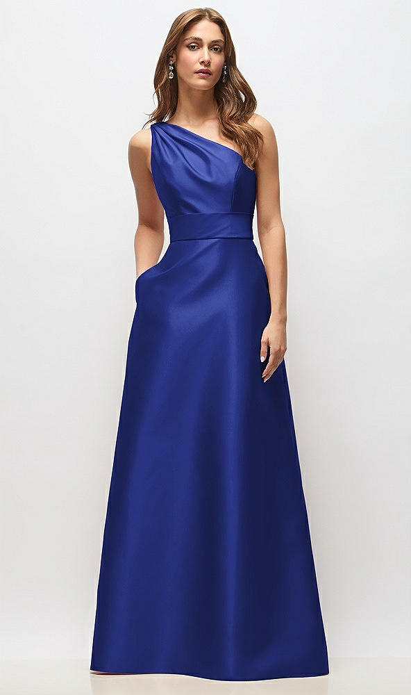 Front View - Cobalt Blue Draped One-Shoulder Satin Maxi Dress with Pockets