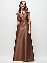 Front View Thumbnail - Cognac Draped One-Shoulder Satin Maxi Dress with Pockets
