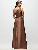 Rear View Thumbnail - Cognac Draped One-Shoulder Satin Maxi Dress with Pockets