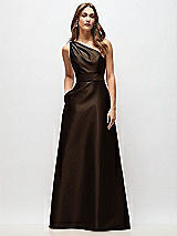 Front View Thumbnail - Espresso Draped One-Shoulder Satin Maxi Dress with Pockets
