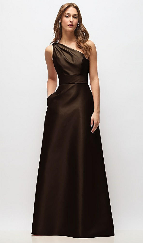 Front View - Espresso Draped One-Shoulder Satin Maxi Dress with Pockets