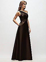 Side View Thumbnail - Espresso Draped One-Shoulder Satin Maxi Dress with Pockets