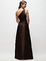 Rear View Thumbnail - Espresso Draped One-Shoulder Satin Maxi Dress with Pockets
