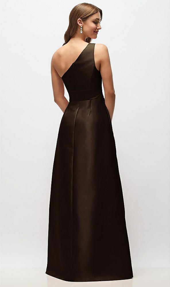 Back View - Espresso Draped One-Shoulder Satin Maxi Dress with Pockets