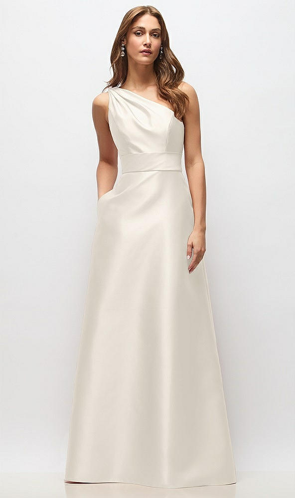 Front View - Ivory Draped One-Shoulder Satin Maxi Dress with Pockets