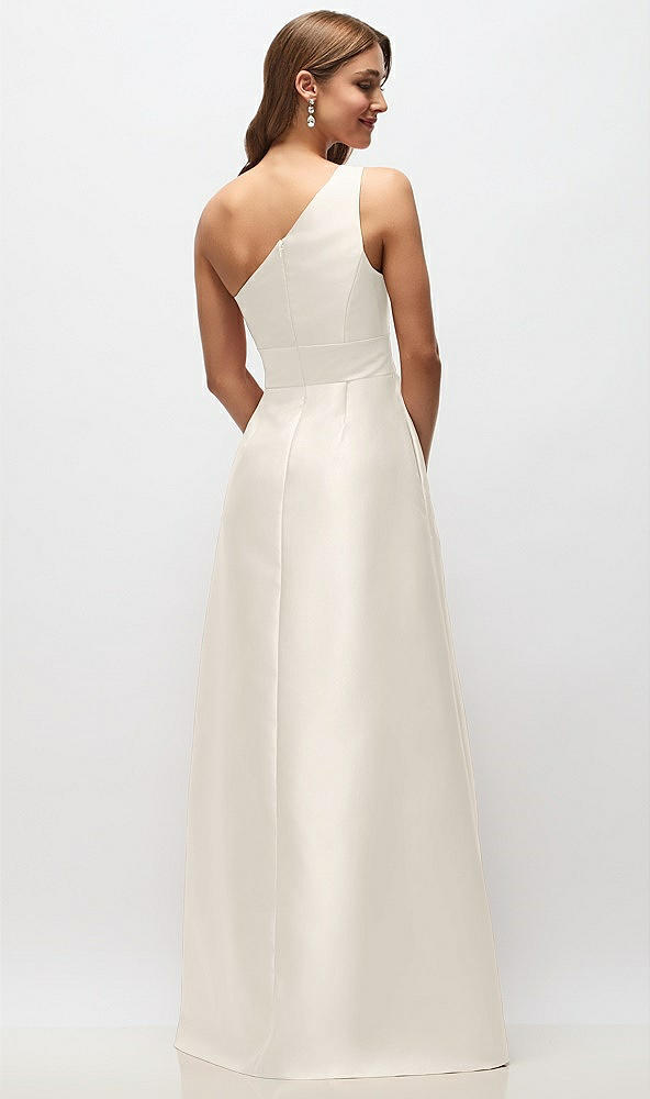 Back View - Ivory Draped One-Shoulder Satin Maxi Dress with Pockets