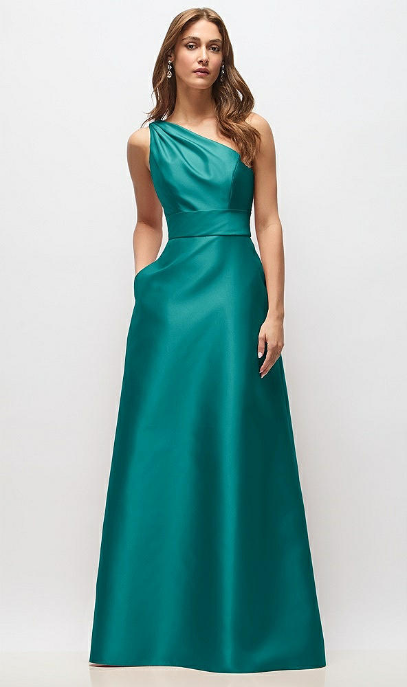 Front View - Jade Draped One-Shoulder Satin Maxi Dress with Pockets