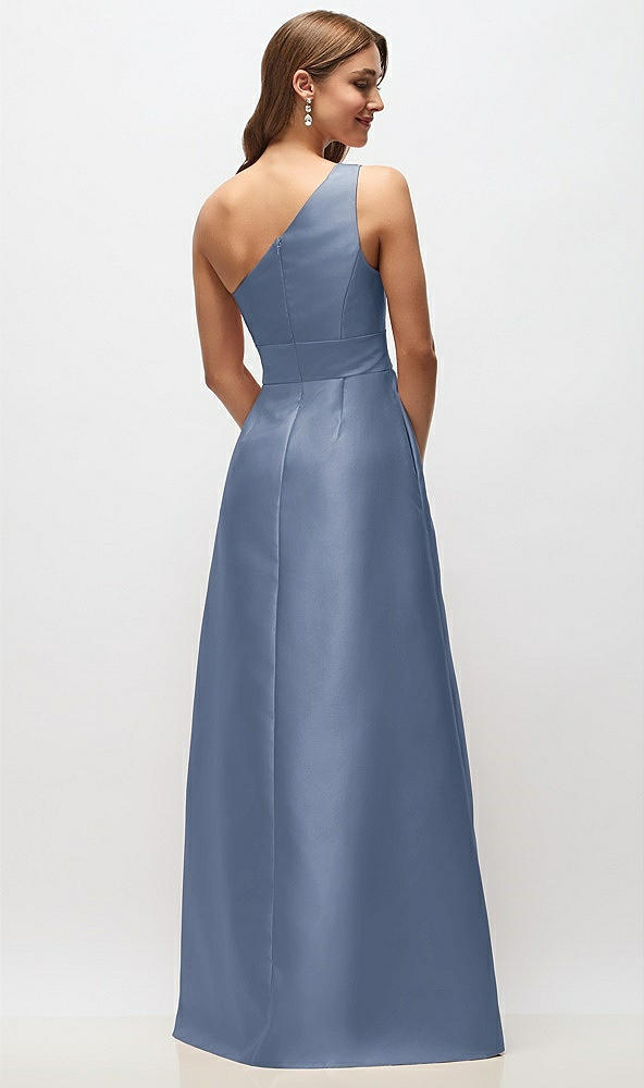 Back View - Larkspur Blue Draped One-Shoulder Satin Maxi Dress with Pockets