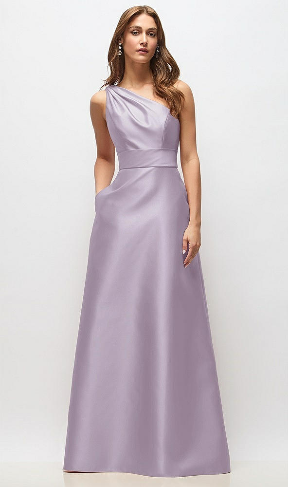 Front View - Lilac Haze Draped One-Shoulder Satin Maxi Dress with Pockets